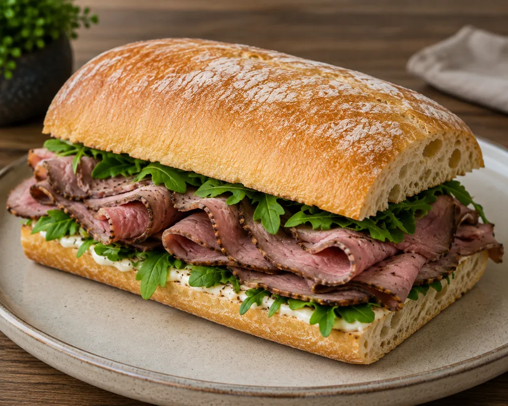 Chapata de roast beef con arúgula, servida en plato