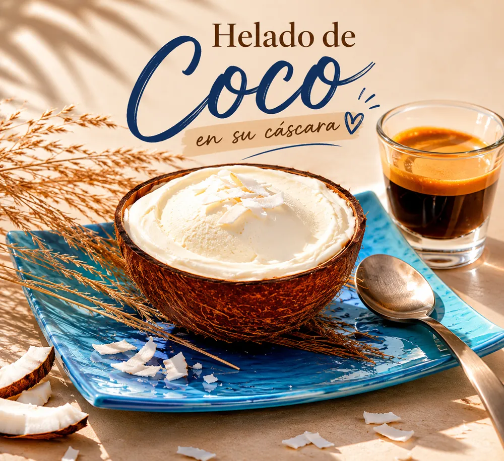 Helado de coco servido en su cáscara, con un espresso al lado