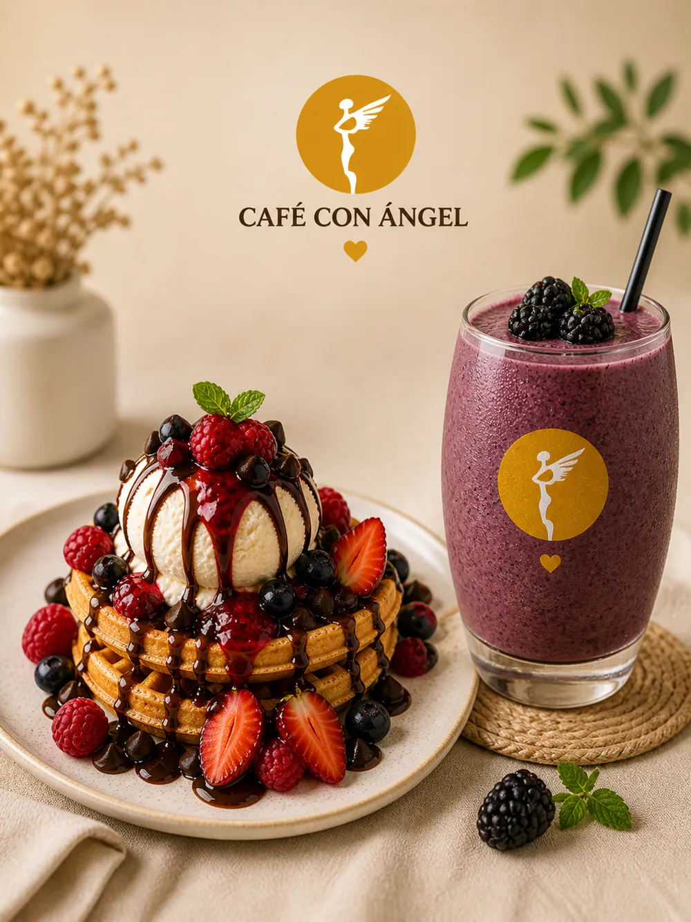 Waffles con helado, frutos rojos y chocolate junto a un smoothie de zarzamora